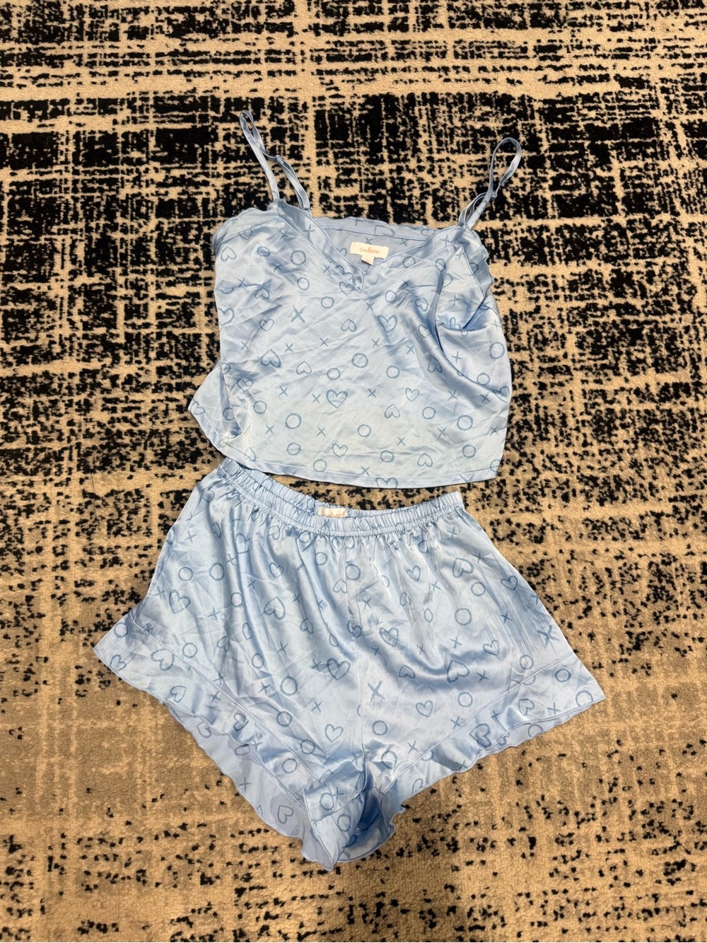 Colsie Light Blue Satin Heart & XO Print Cami Short Pajama Set